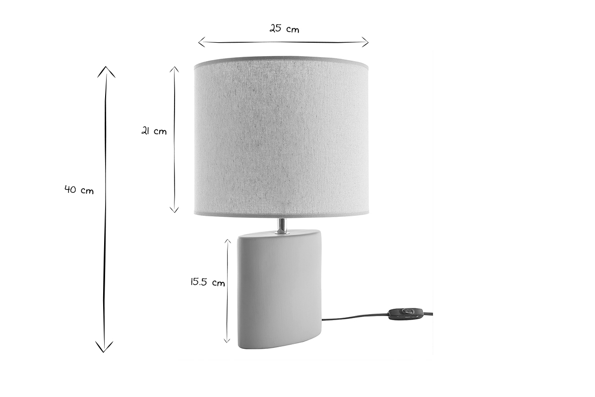 Lampe � poser en c�ramique taupe mat et abat-jour en lin naturel TIGA