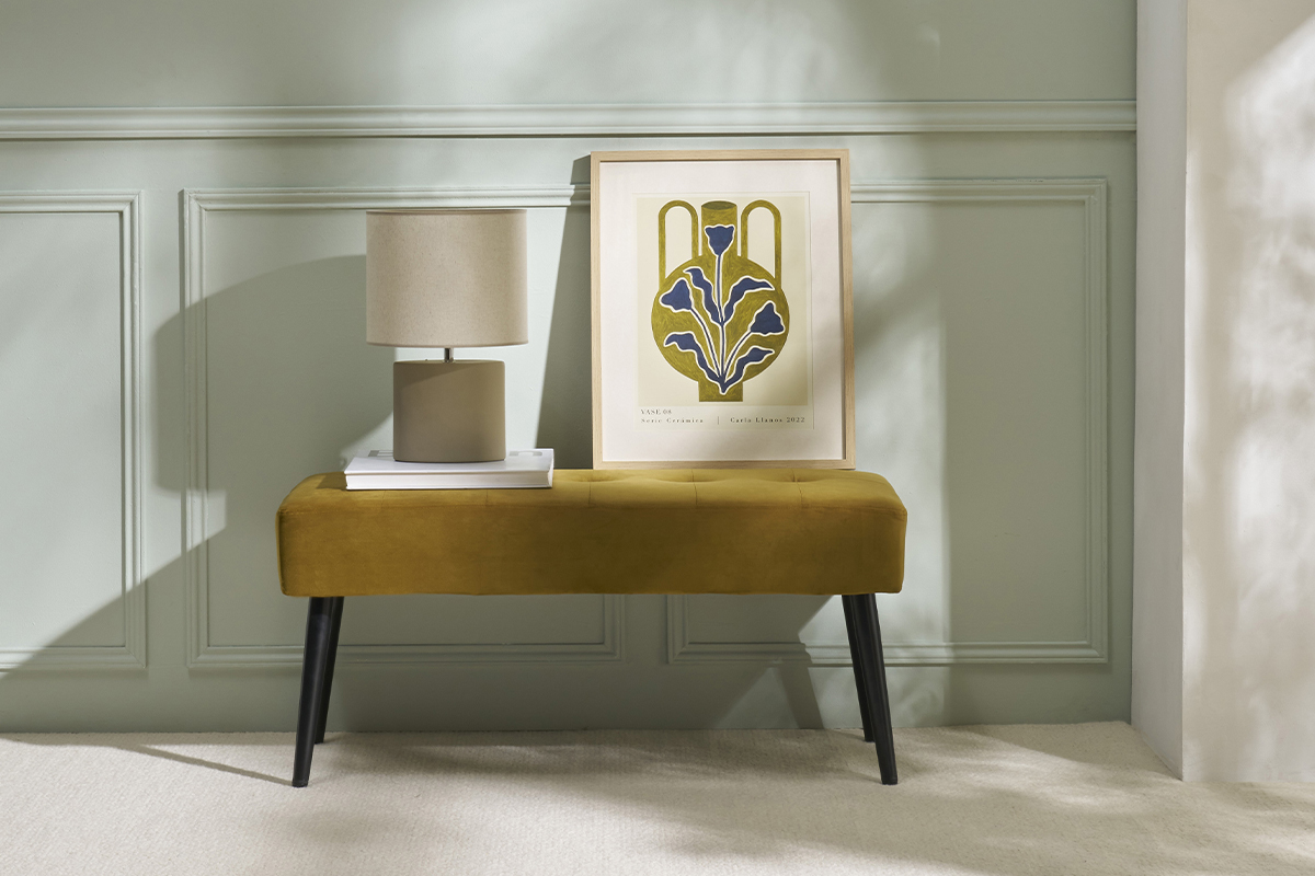 Lampe � poser en c�ramique taupe mat et abat-jour en lin naturel TIGA