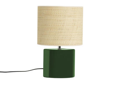 Lampe &agrave; poser en c&eacute;ramique vert fonc&eacute; et abat-jour en raphia naturel H40 cm TIGA