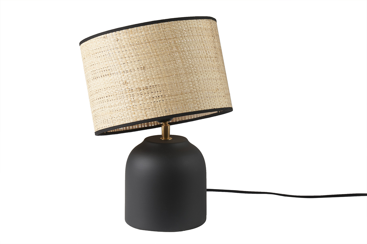 Lampe � poser noire en c�ramique mate et abat-jour en raphia H35 cm ROCHA