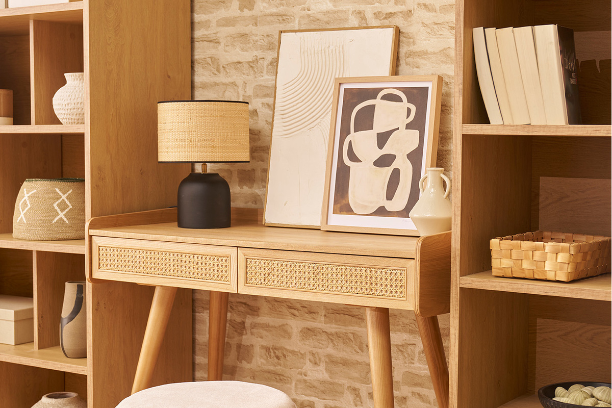 Lampe � poser noire en c�ramique mate et abat-jour en raphia H35 cm ROCHA