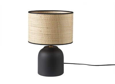 Lampe &agrave; poser noire en c&eacute;ramique mate et abat-jour en raphia H35 cm ROCHA