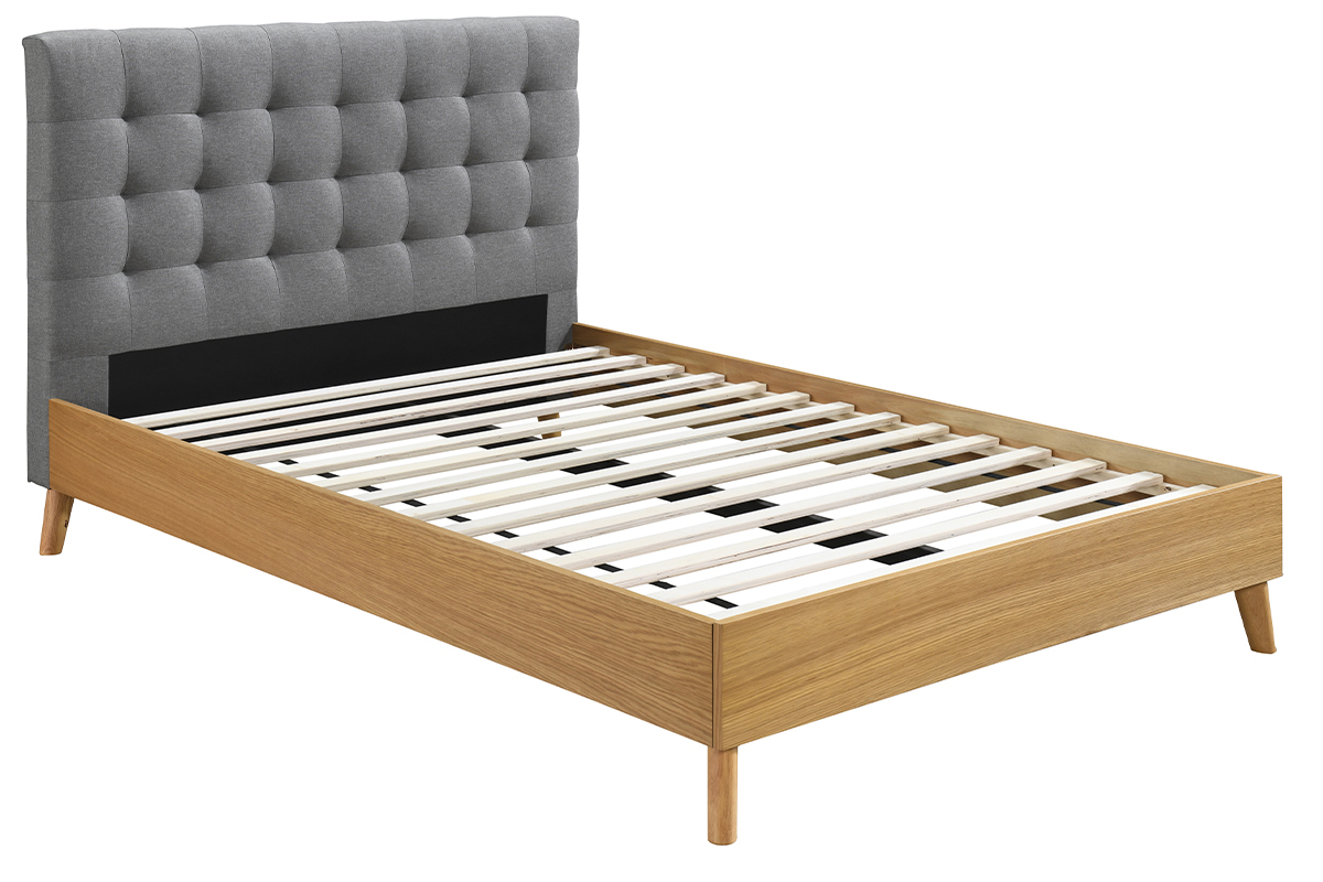 Lit 2 places 140x200cm en bois et tissu gris capitonn� LYNN