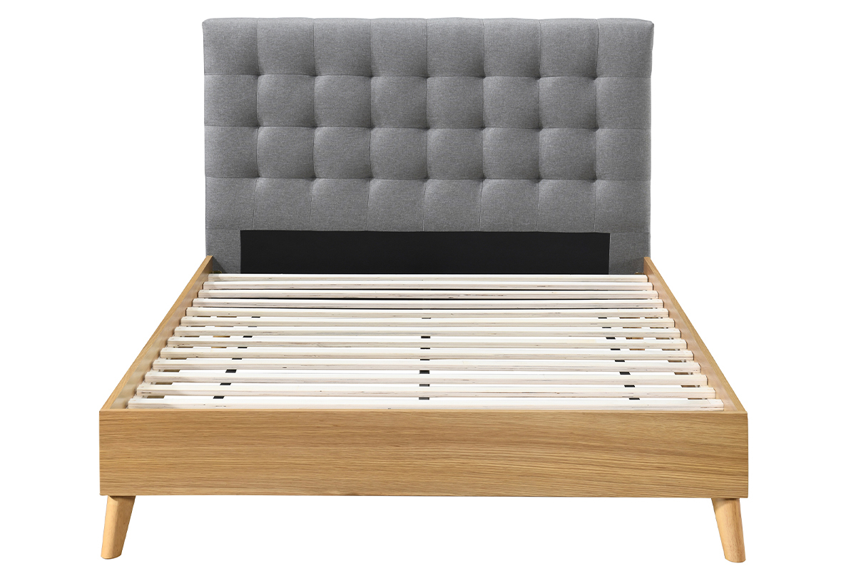 Lit 2 places 140x200cm en bois et tissu gris capitonn� LYNN