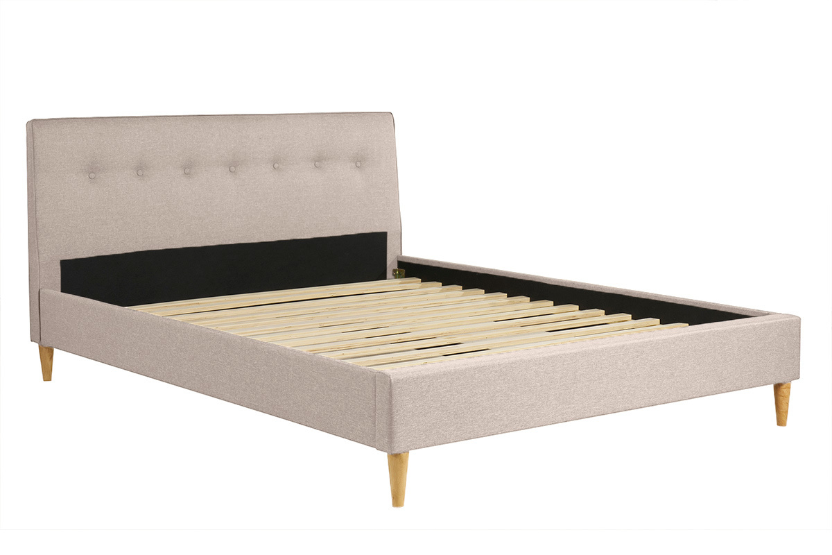 Lit 2 places 160x200 cm avec t�te de lit en tissu beige LEONCE
