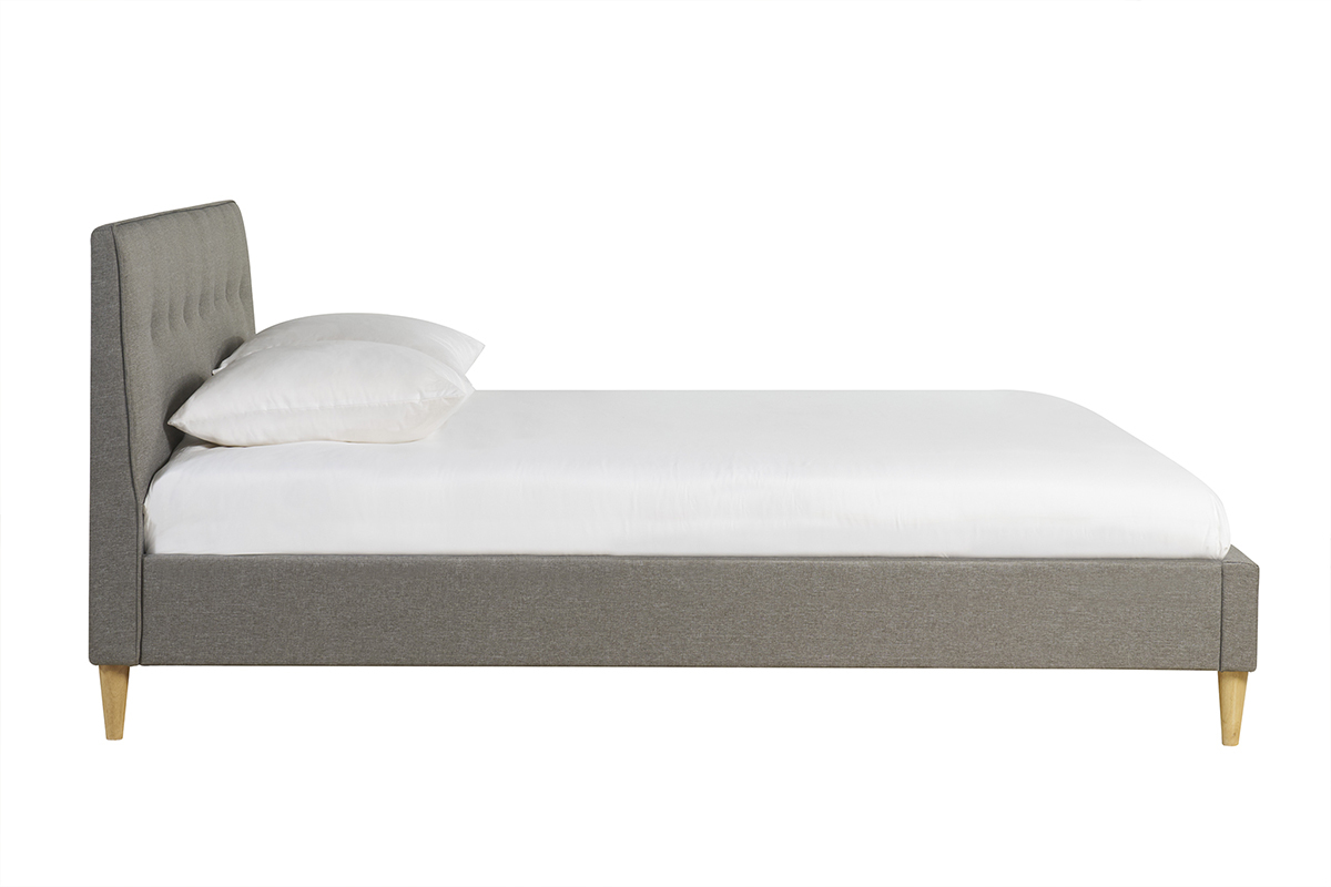 Lit 2 places 160x200 cm avec t�te de lit en tissu gris clair LEONCE