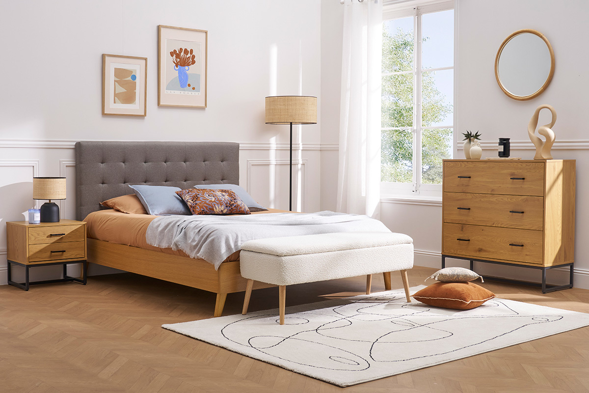 Lit 2 places 160x200 cm en bois et tissu gris capitonn� LYNN