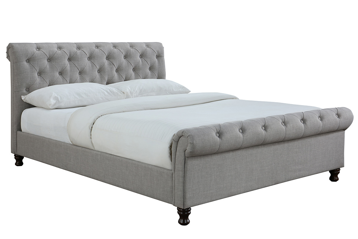 Lit 2 places 160x200 cm en tissu gris capitonn� RILEY