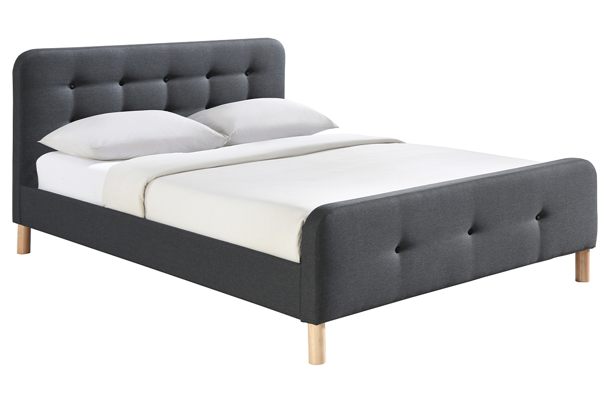 Lit 2 places 160x200 cm en tissu gris fonc� capitonn� HOLSEN