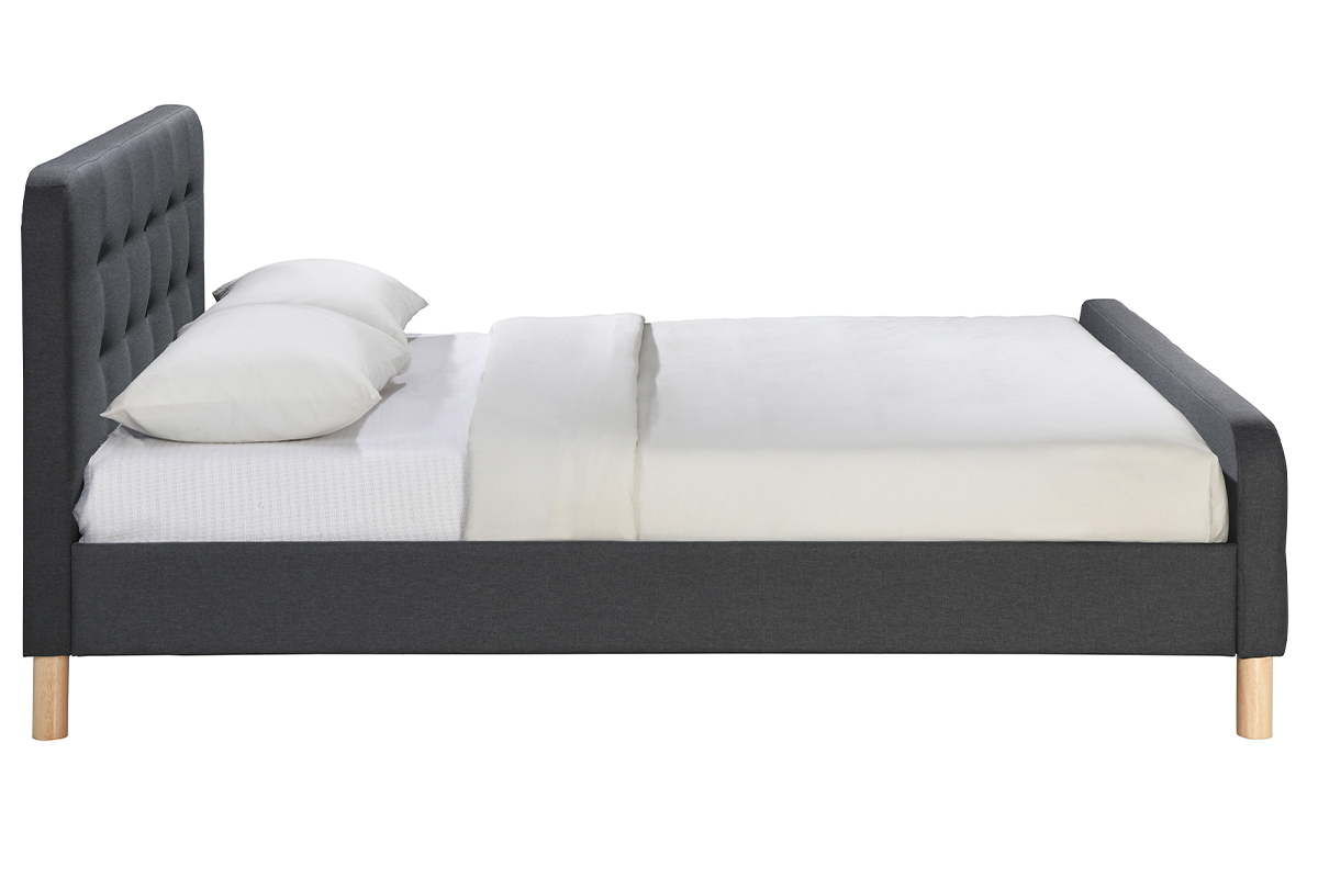 Lit 2 places 160x200 cm en tissu gris fonc� capitonn� HOLSEN