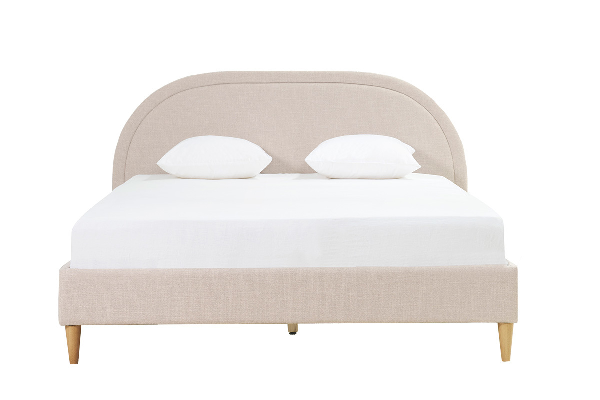 Lit 2 places 160x200 en tissu beige avec t�te de lit arrondie, vue de face.