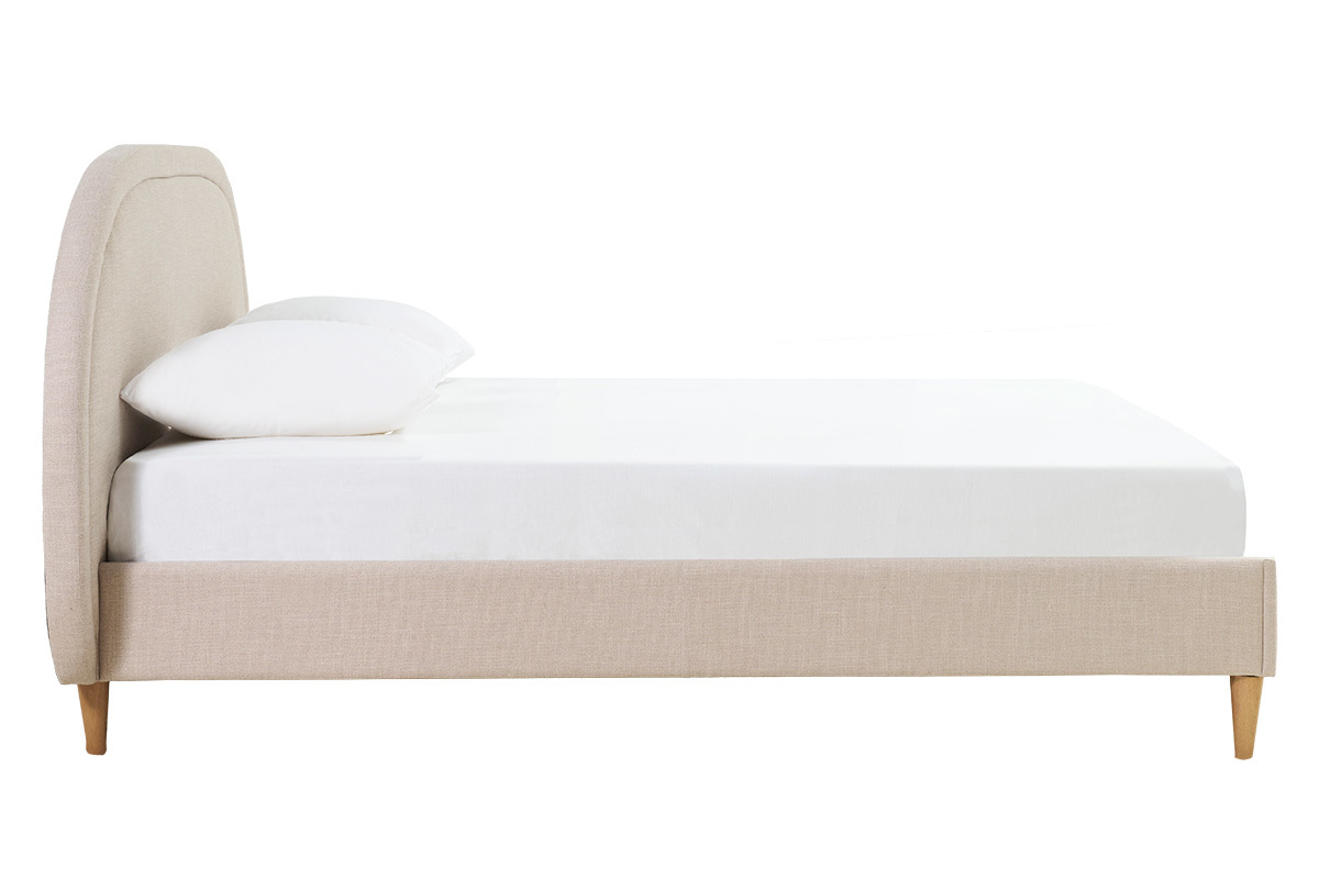 Lit 2 places 160x200 en tissu beige avec t�te de lit arrondie, vue de c�t�.