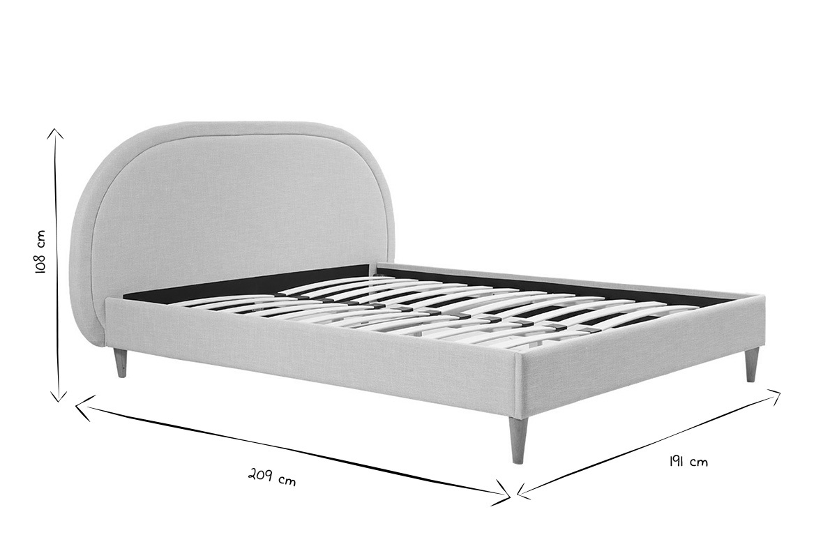 Lit 2 places 160x200 en tissu beige, dimensions 108x209x191 cm, noir et blanc, vue de c�t�.