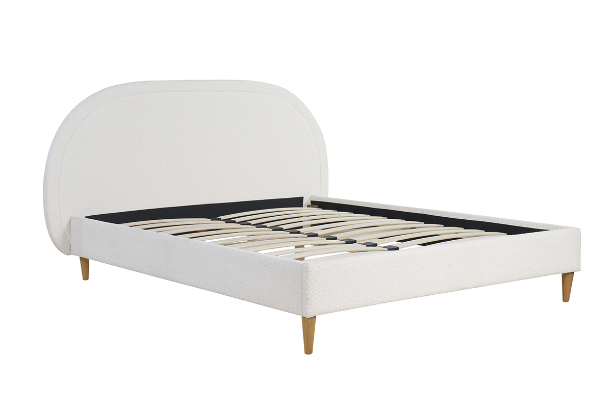Lit 2 places CHARLINE 160x200, t�te arrondie, tissu effet laine boucl�e, pi�tement bois, vue angle.