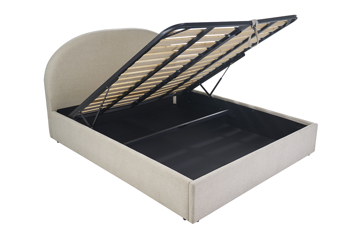 Lit coffre 2 places en tissu beige avec t�te de lit arrondie et sommier relev�, vue 3/4.