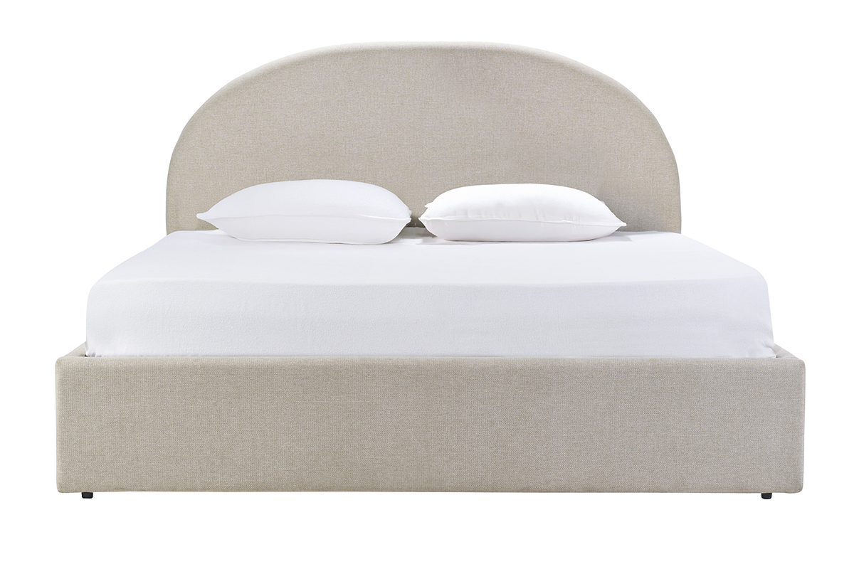 Lit coffre 2 places tissu beige, vue de face avec deux oreillers.
