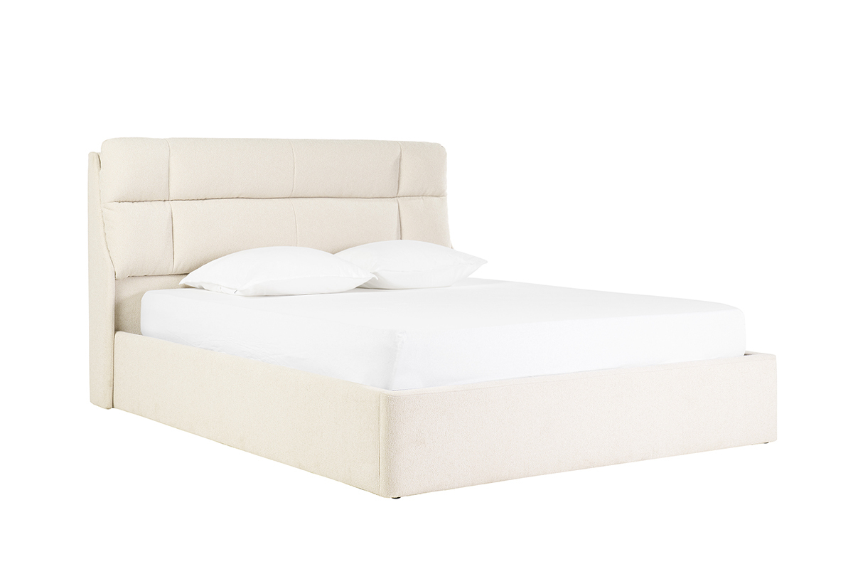 Lit coffre 2 places beige HONO, vue de 3/4 avec t�te de lit capitonn�e.