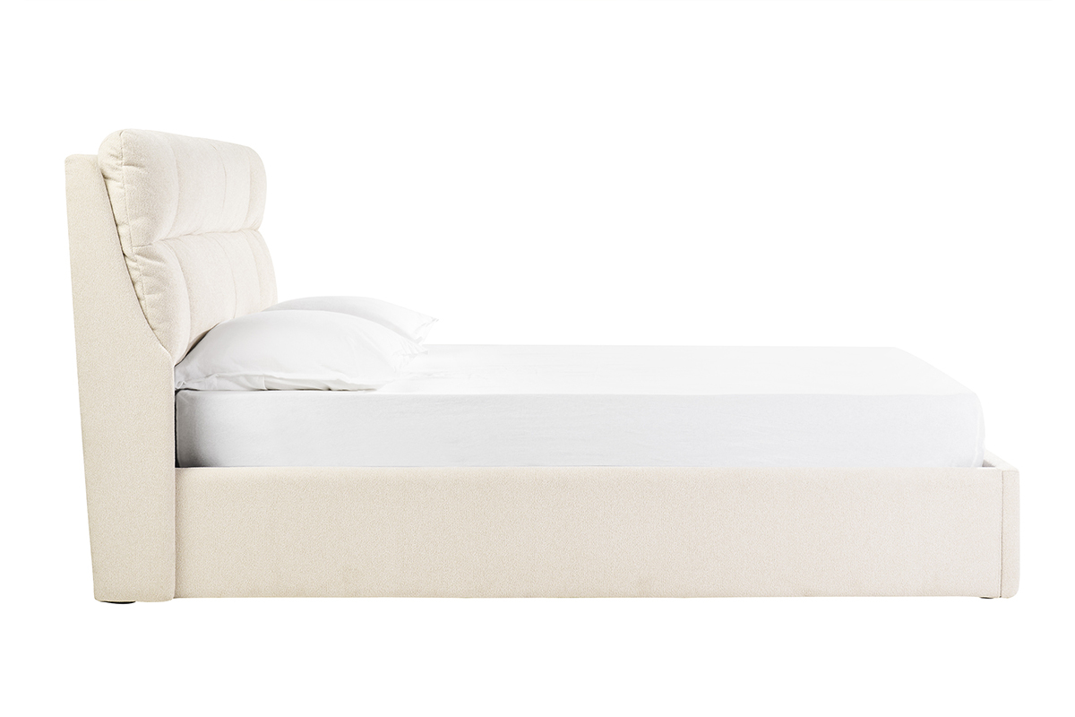Lit coffre 2 places beige HONO en tissu, vue de profil, t�te de lit capitonn�e.