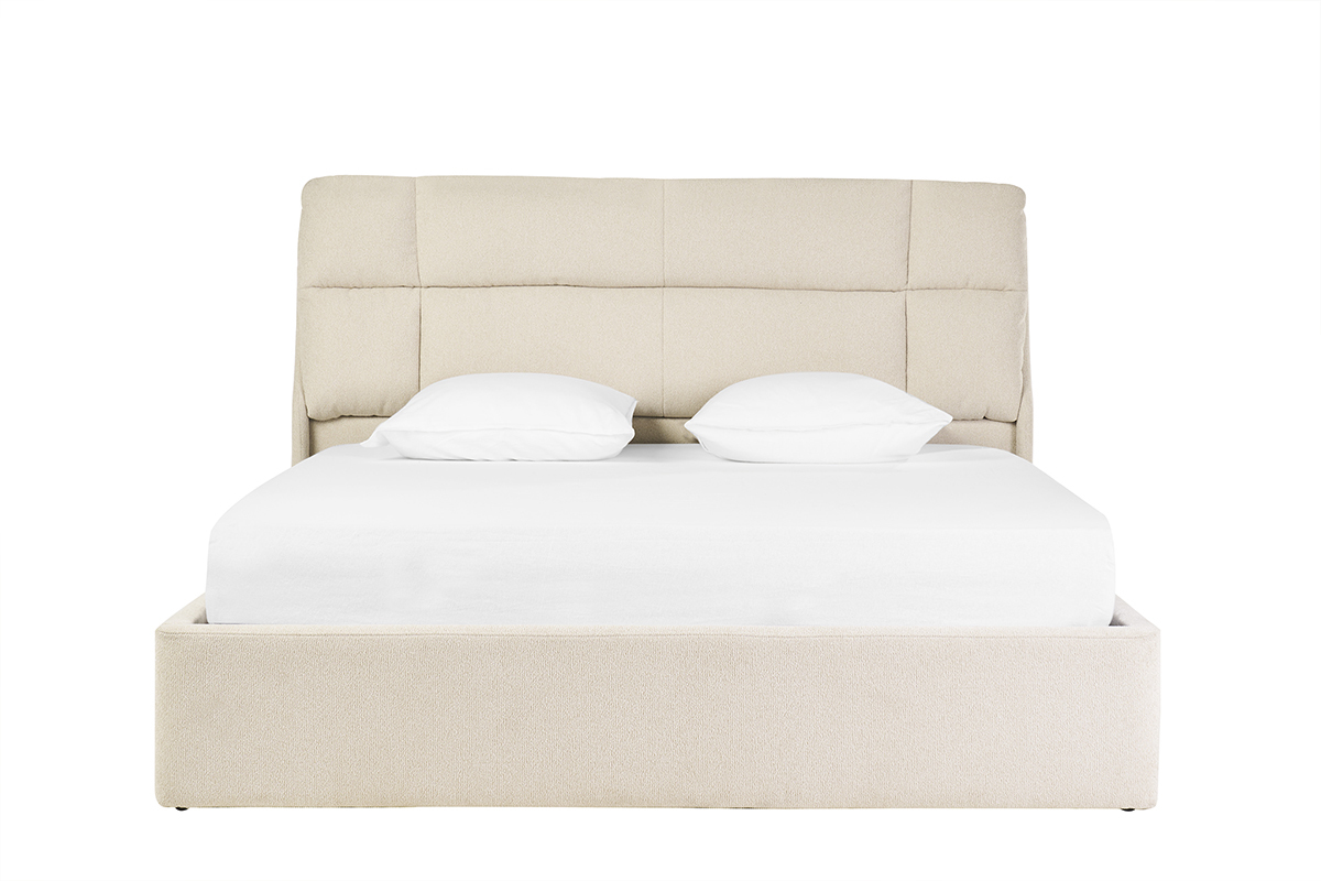 Lit coffre beige 160x200 cm en tissu textur� avec t�te de lit capitonn�e, vue de face.