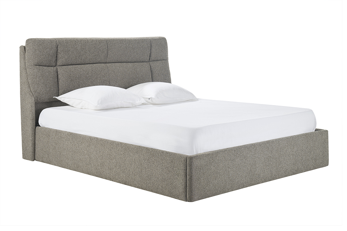 Lit coffre 2 places taupe HONO avec t�te de lit capitonn�e, vue de trois quarts.
