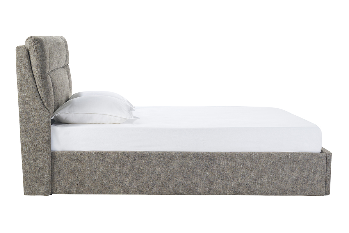 Lit coffre 2 places 160x200 cm taupe, vue de c�t�, avec t�te de lit rembourr�e et oreiller.