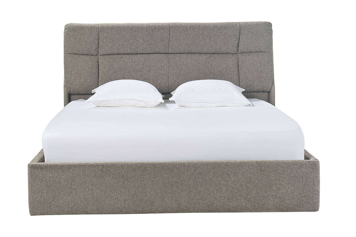 Lit coffre 2 places 160x200 cm taupe HONO avec t�te de lit rembourr�e, vue de face.
