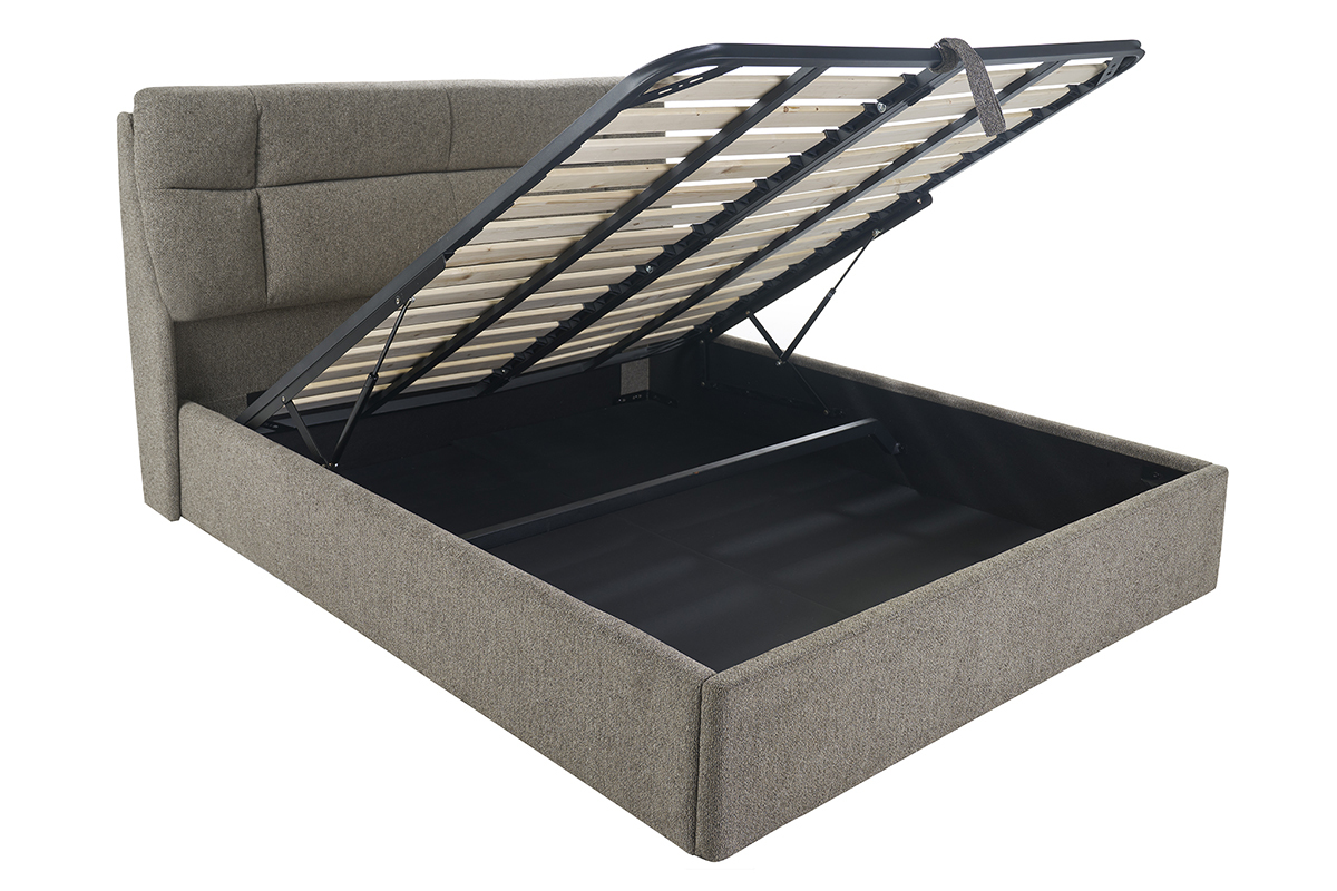 Lit HONO taupe 160x200 cm avec coffre ouvert, tissu textur�.
