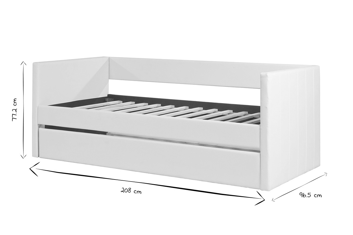 Dimensions du lit gigogne blanc ELIE 90x190 cm en noir et blanc, vue de trois quarts.