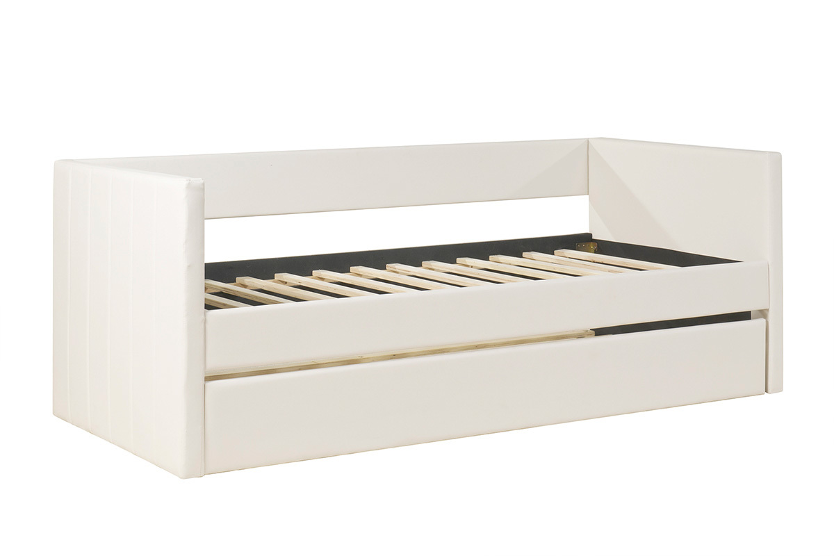 Lit gigogne blanc 90x190 cm, vue de c�t�, sommier visible.