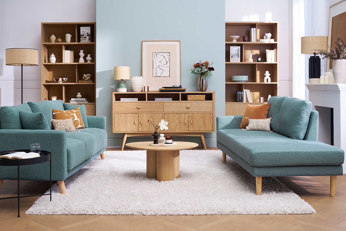 M�ridienne scandinave en tissu vert de gris et bois clair massif L190 cm BERTILLE