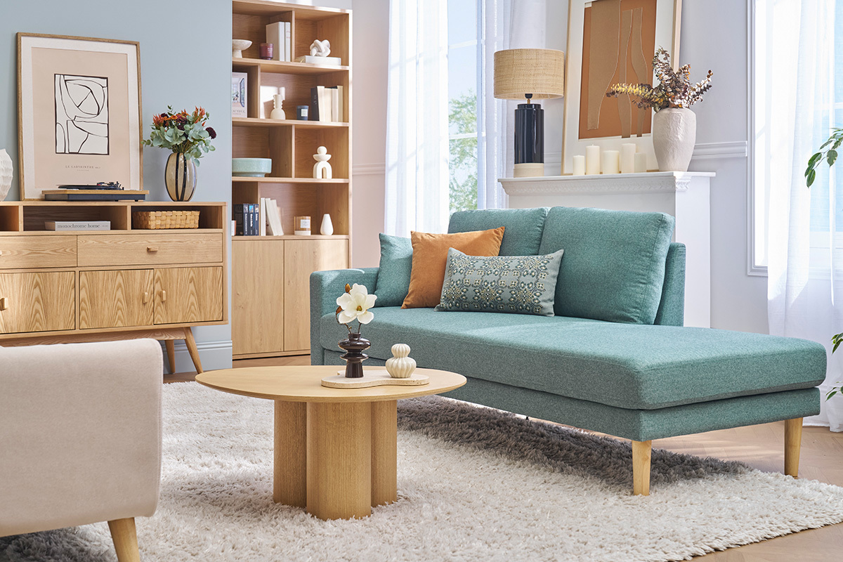 M�ridienne scandinave en tissu vert de gris et bois clair massif L190 cm BERTILLE