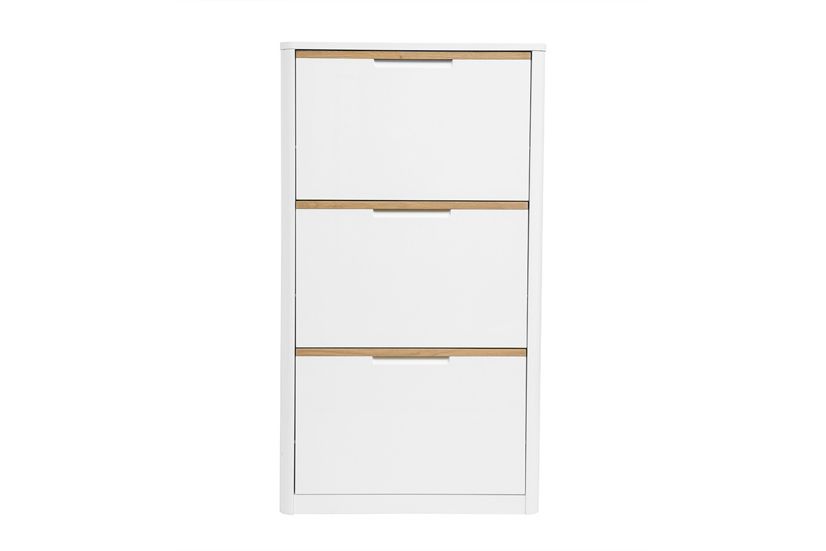 Meuble � chaussures blanc laqu� 3 portes avec poign�es bois clair, vue de face.