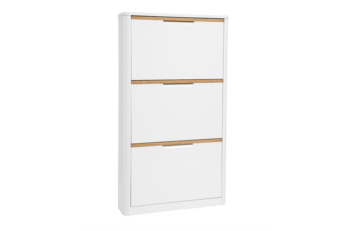 Meuble � chaussures blanc laqu� 3 portes avec poign�es bois, vue de c�t�.