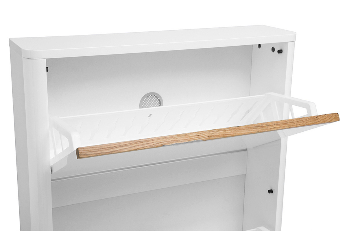 Meuble � chaussures blanc avec abattant ouvert, finition blanc laqu� et bois, vue partielle.