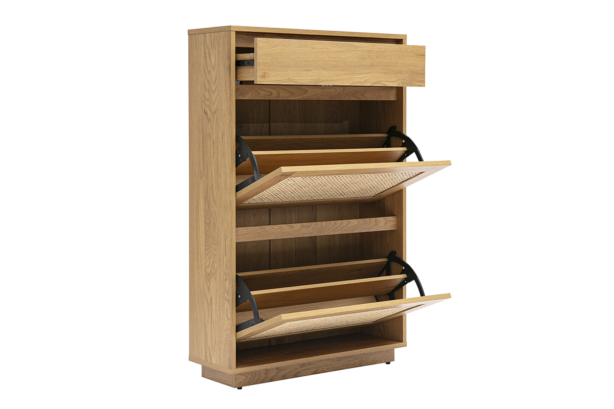 Meuble � chaussures bois clair avec tiroir ouvert et trois compartiments inclin�s.