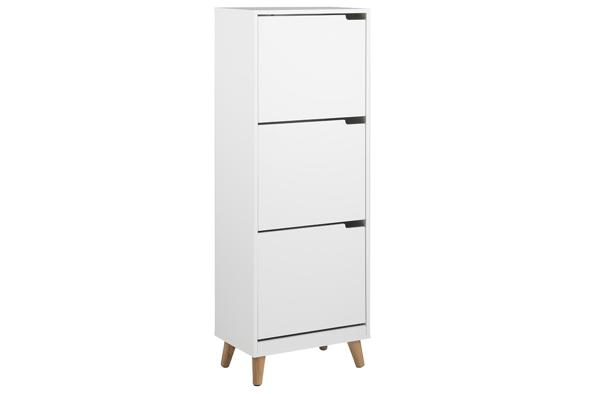 Meuble � chaussures blanc avec 3 casiers et pieds en bois, vue de 3/4.
