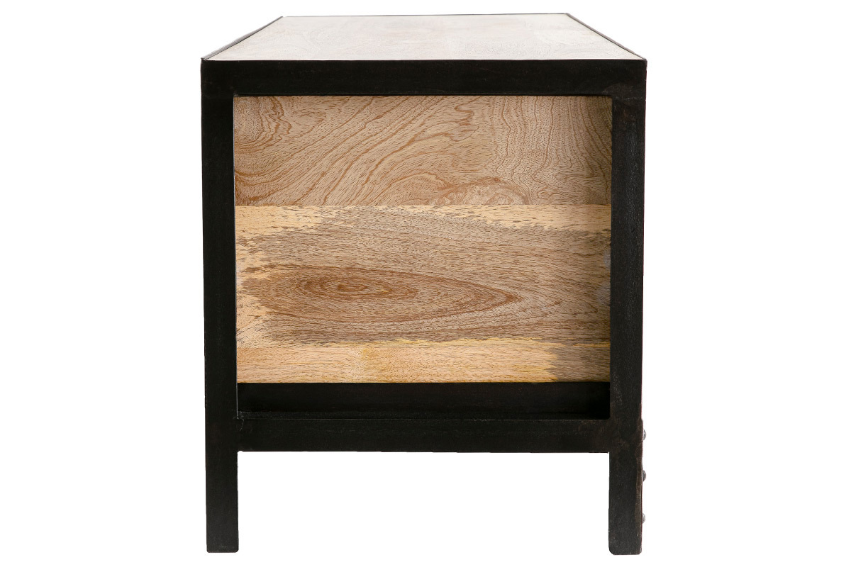 Meuble de rangement industriel en bois manguier avec m�tal noir, vue de c�t�, 3 tiroirs.