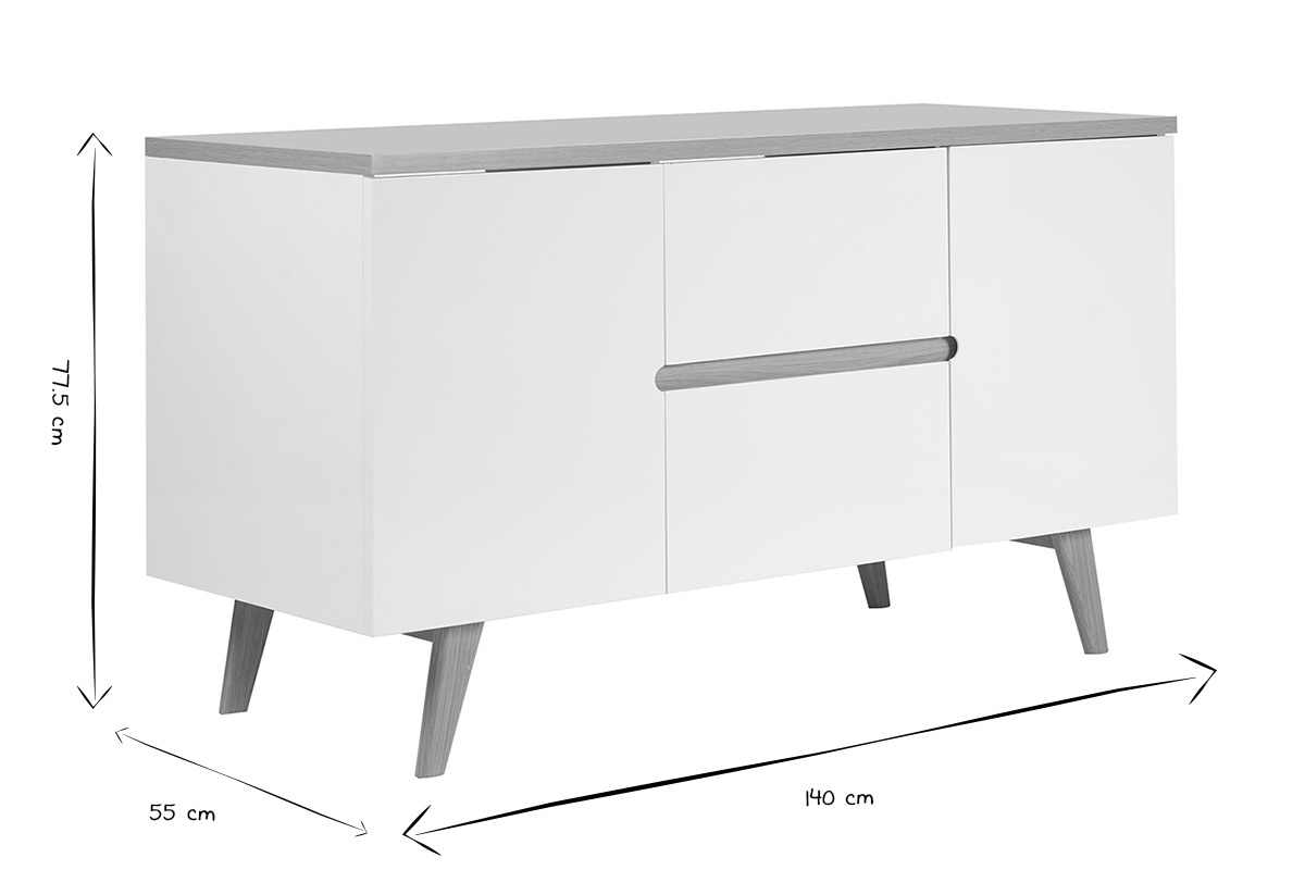 Dimensions du meuble de salle de bain MELKA en noir et blanc : L140 cm x P55 cm x H77.5 cm