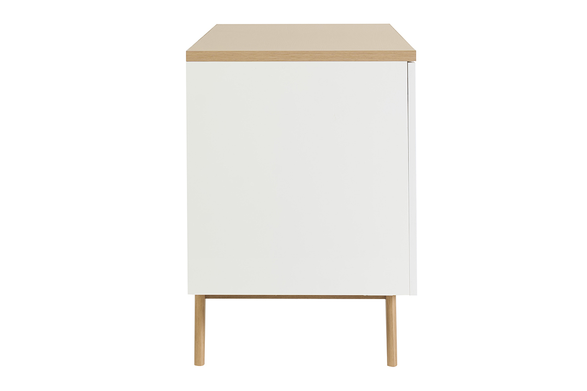 Meuble de salle de bain blanc laqu� brillant avec plateau en bois clair, vue de profil