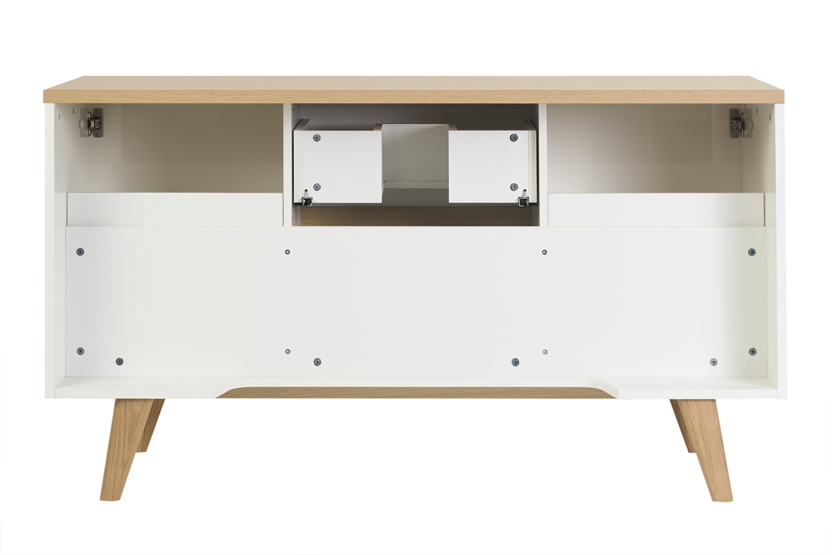 Meuble de salle de bain blanc laqu� et bois clair, vue de dosavec tiroirs ouverts et rangement int�gr�.