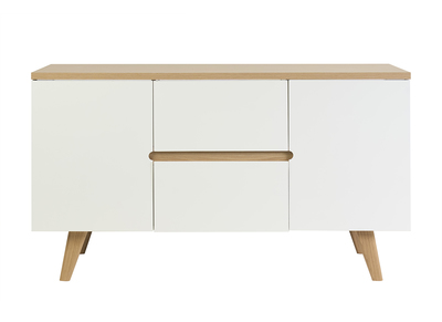 Meuble de salle de bain blanc laqu&eacute; brillant et finition bois clair L140 cm MELKA