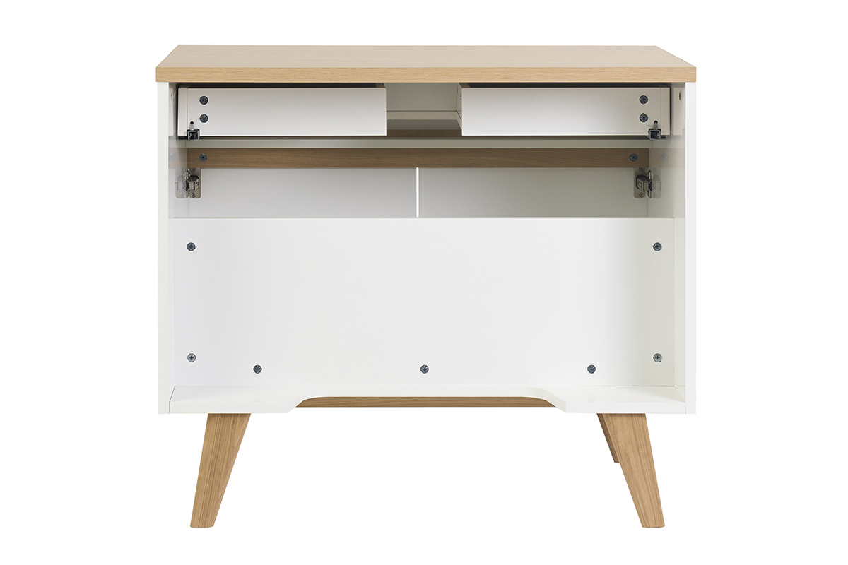 Meuble de salle de bain blanc laqu� avec plateau en bois clair, vue de dos, avec tiroirs ouverts.