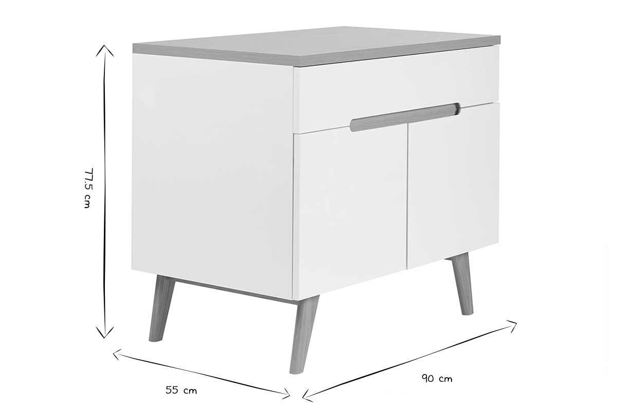 Dimensions du meuble de salle de bain MELKA en noir et blanc, 90 cm de large, 55 cm de profondeur, 71,5 cm de haut.