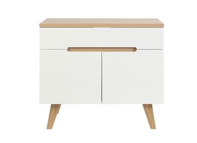 Meuble de salle de bain blanc laqu&eacute; brillant et finition bois clair L90 cm MELKA