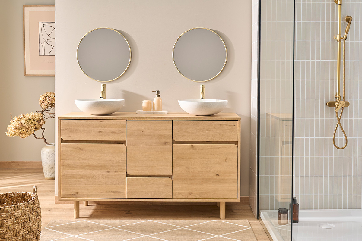 Meuble de salle de bain en bois clair ch�ne massif L140 cm SINCLAIR