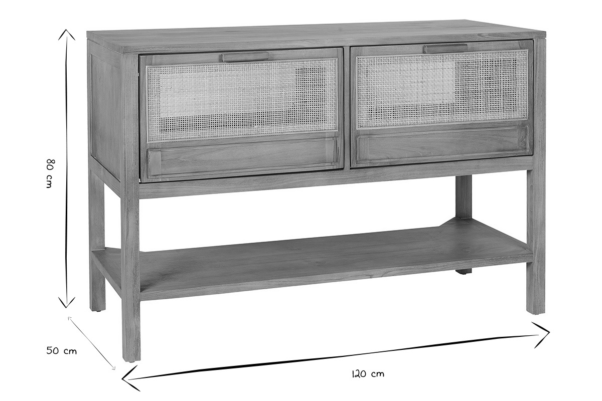 Dimensions du meuble de salle de bain en teck et cannage rotin : L120 cm, H80 cm, P50 cm en noir et blanc.