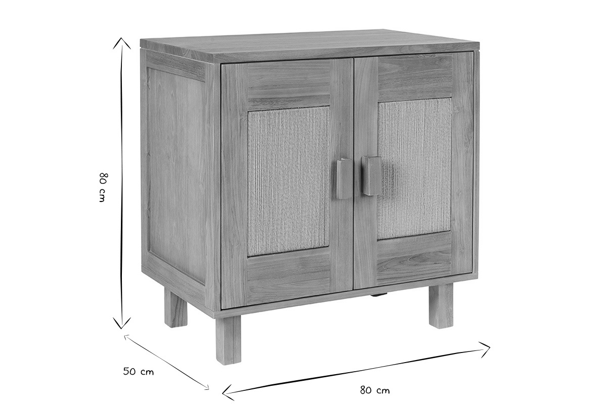 Dimensions du meuble de salle de bain en bois teck : 80 cm de large, 50 cm de profondeur, 80 cm de hauteur, en noir et blanc.