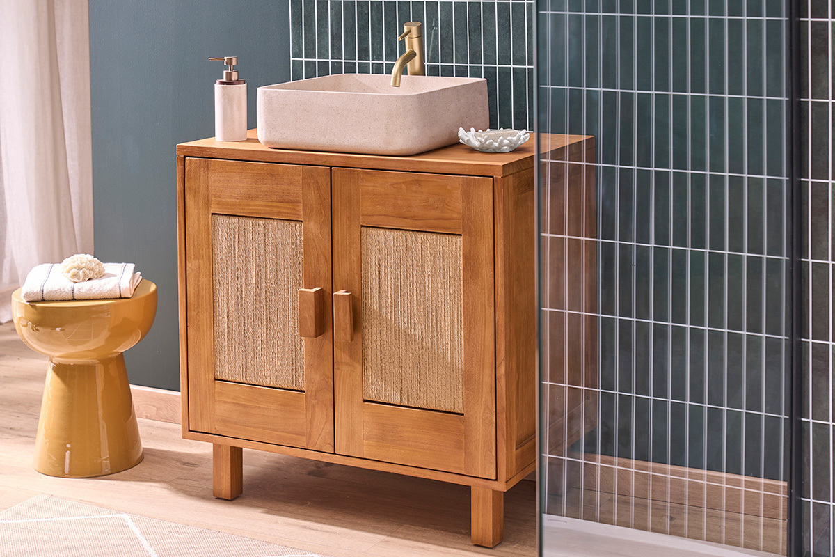Meuble de salle de bain en bois teck massif et corde tress�e L80 cm MOSSA