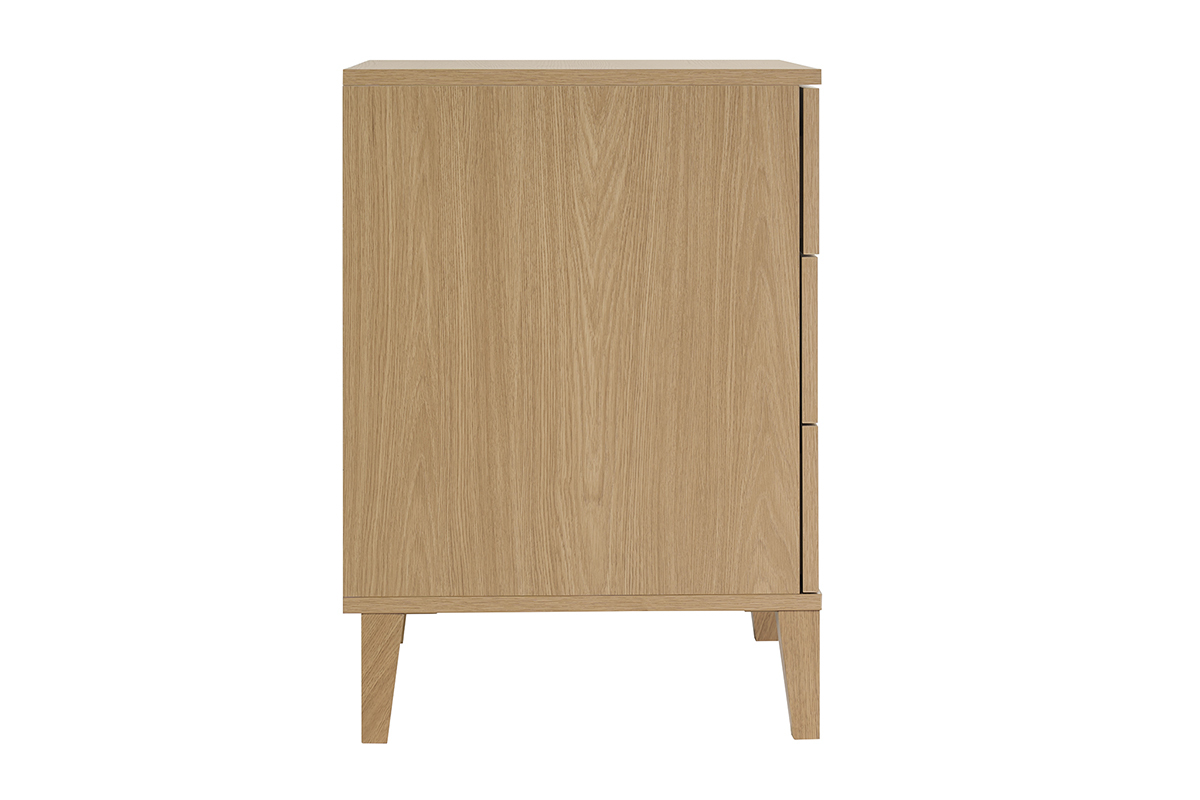 Meuble de salle de bain finition bois ch�ne, vue de profil, avec trois tiroirs et pieds en bois de ch�ne.