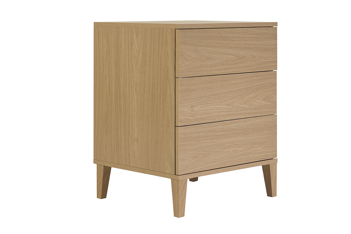 Meuble de salle de bain FREDDY finition bois ch�ne, avec trois tiroirs, vue de 3/4